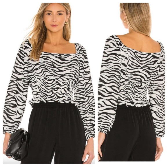 BCBGENERATION | smock waist long puff sleeve crop top in zebra print, size large - Picture 5 of 15